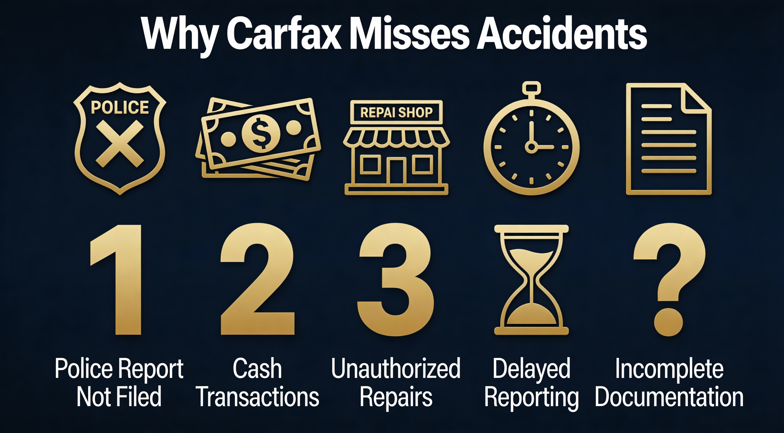 Carfax missing accidents infographic showing 5 reasons including no police report, cash repairs, and reporting delays
