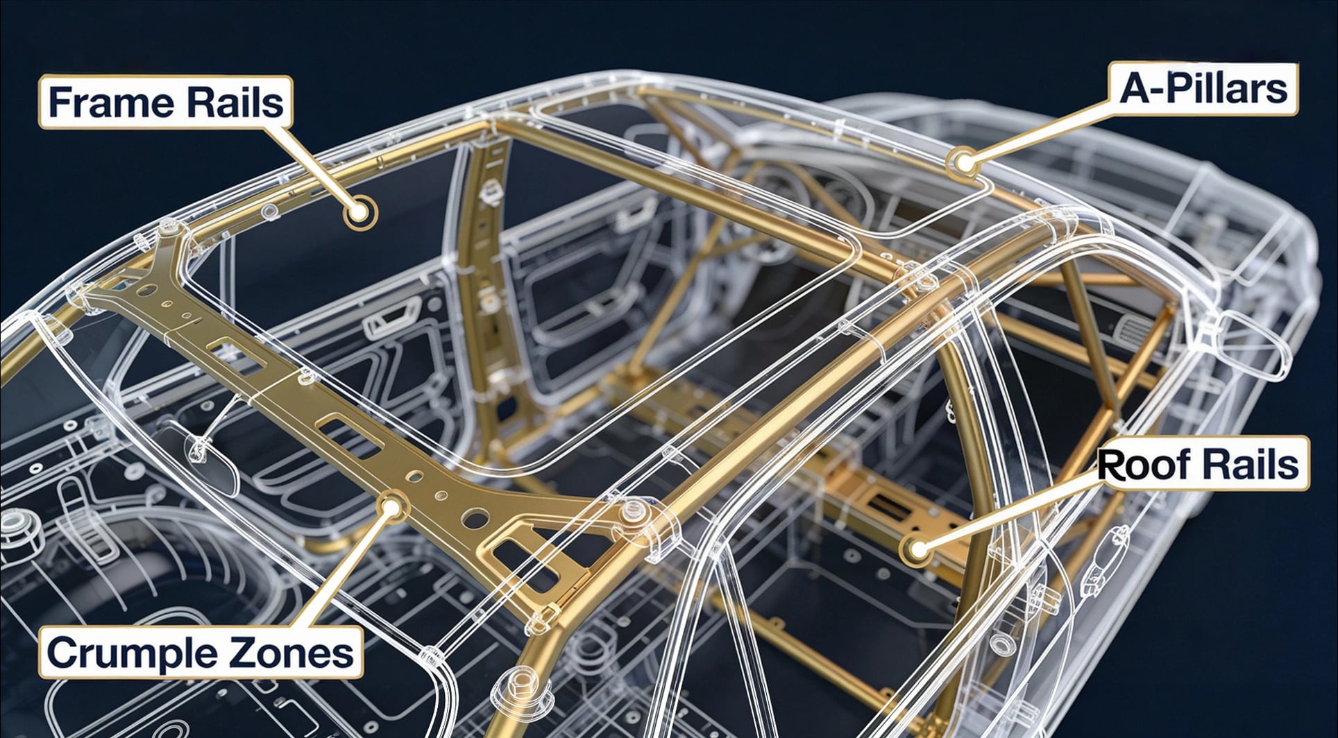 Structural damage car diagram showing frame rails, unibody, A-pillars, B-pillars, and crumple zones