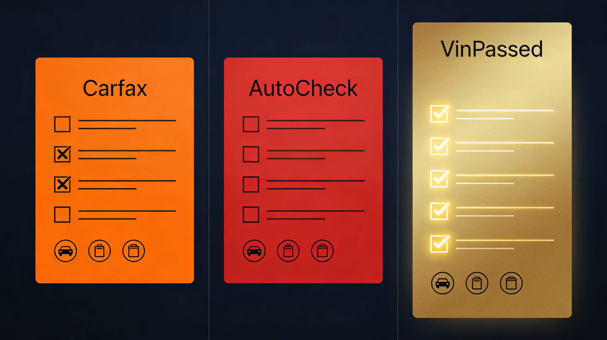 Carfax alternative comparison showing VinPassed, AutoCheck, and Carfax vehicle history reports with feature differences