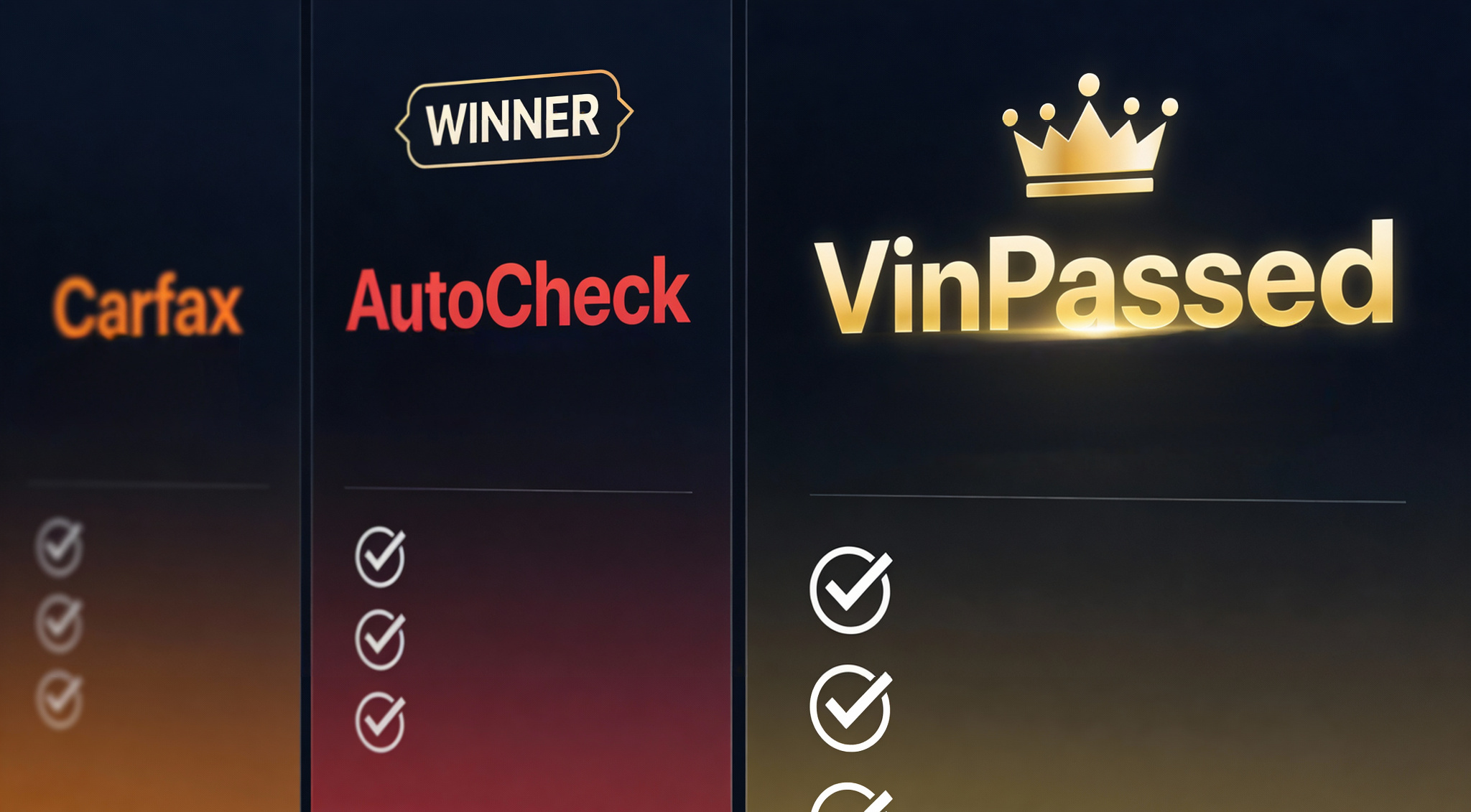 Carfax vs AutoCheck vs VinPassed three-way comparison showing VinPassed as the winner