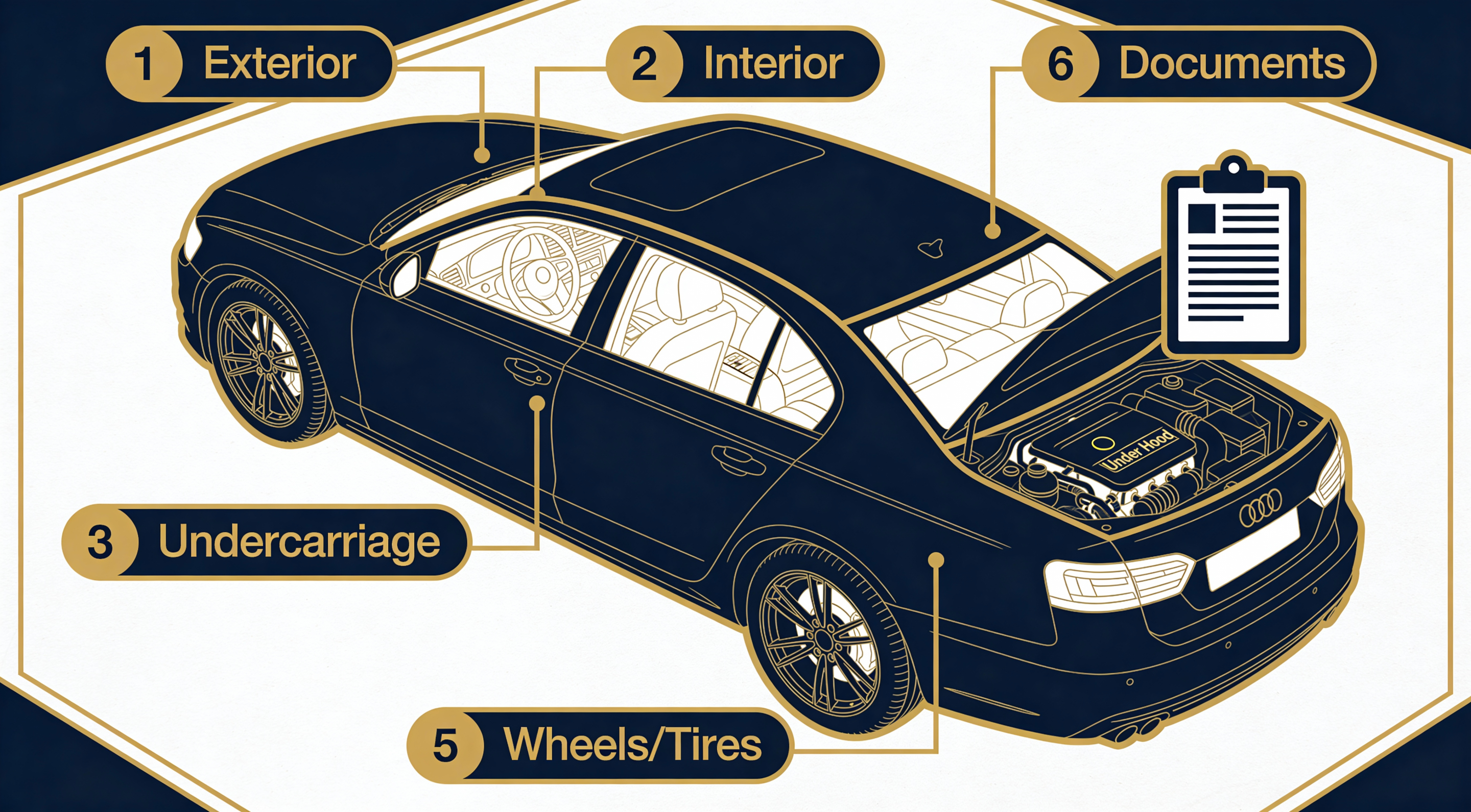 Diagram showing 6 inspection zones to help used car inspection checklist - exterior, interior, under hood, undercarriage, test drive, and documents