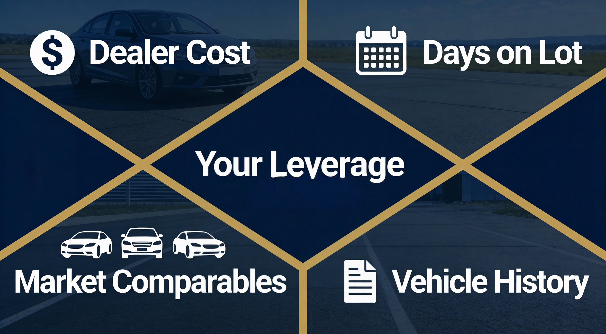 Four ways to negotiate used car price - dealer cost, time on lot, market comparables, and vehicle history