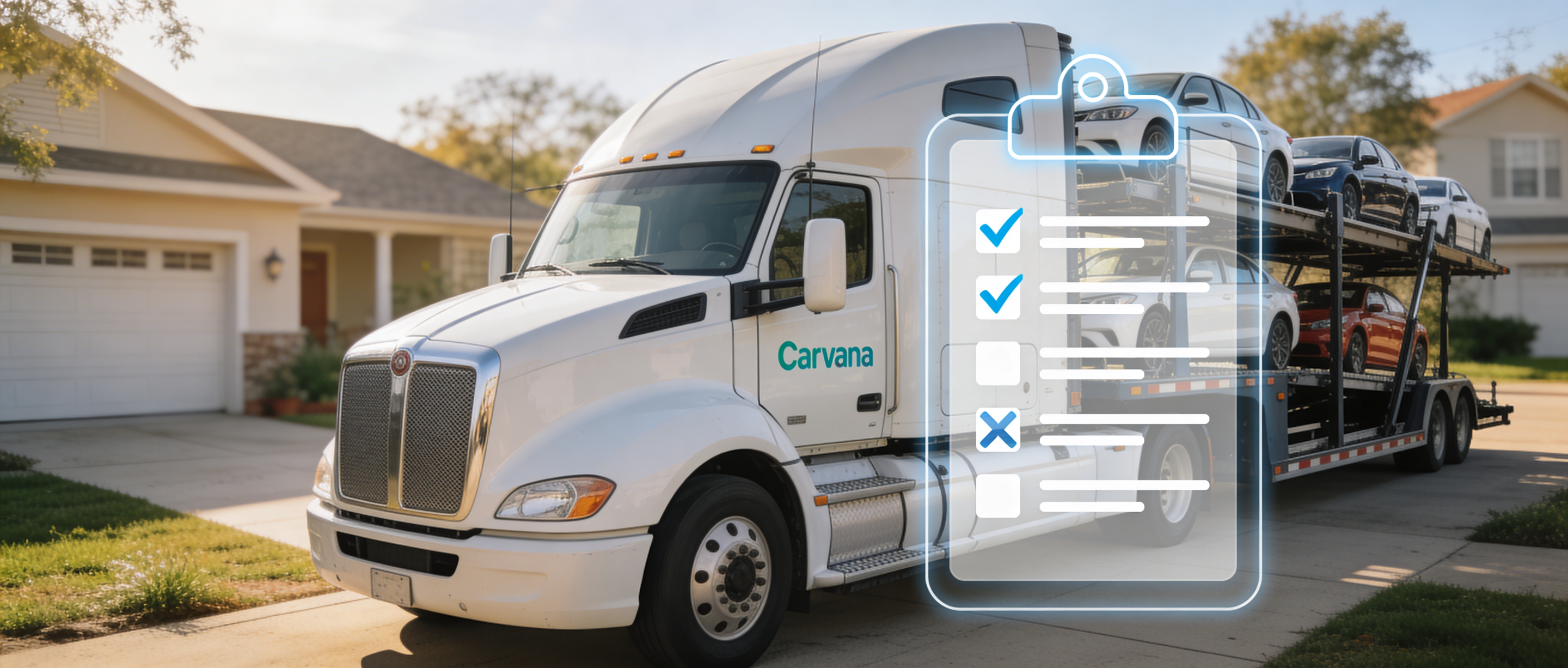 Carvana delivery truck arriving at buyer's home with Carvana 150 point inspection checklist overlay showing gaps in the inspection process