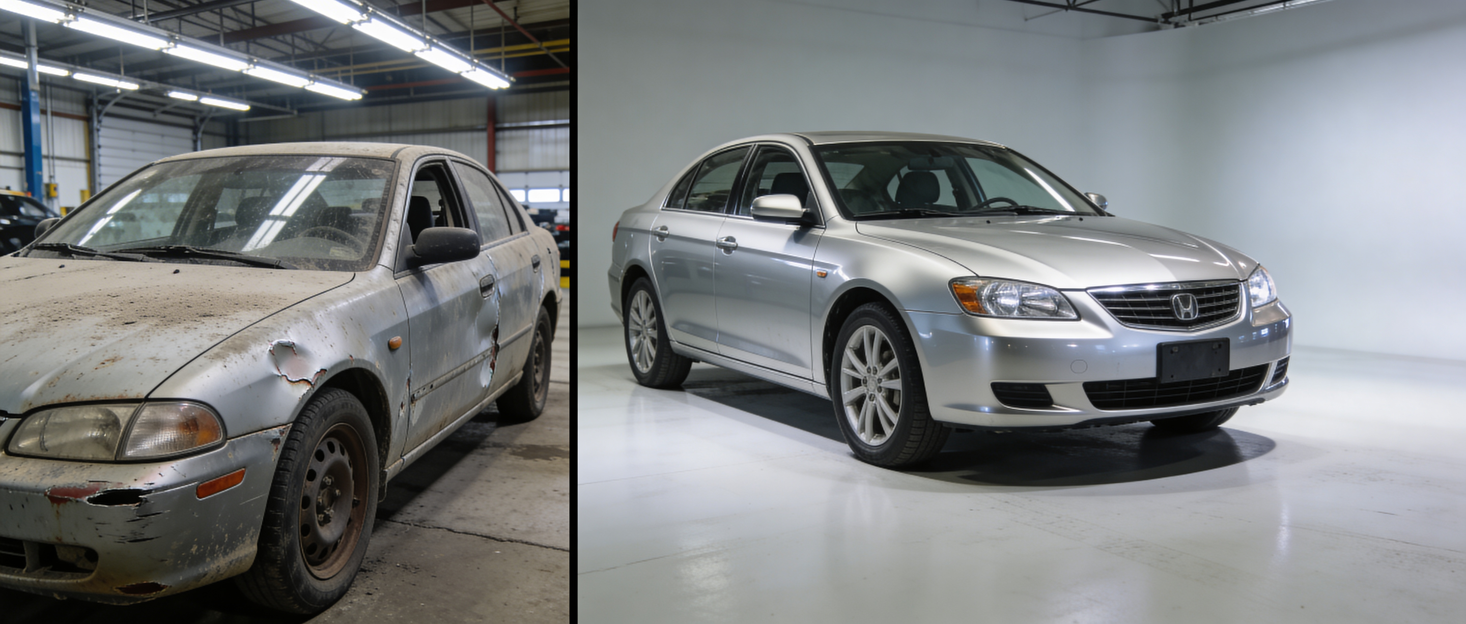 Before and after comparison showing vehicle condition at auction versus after dealer reconditioning and detailing