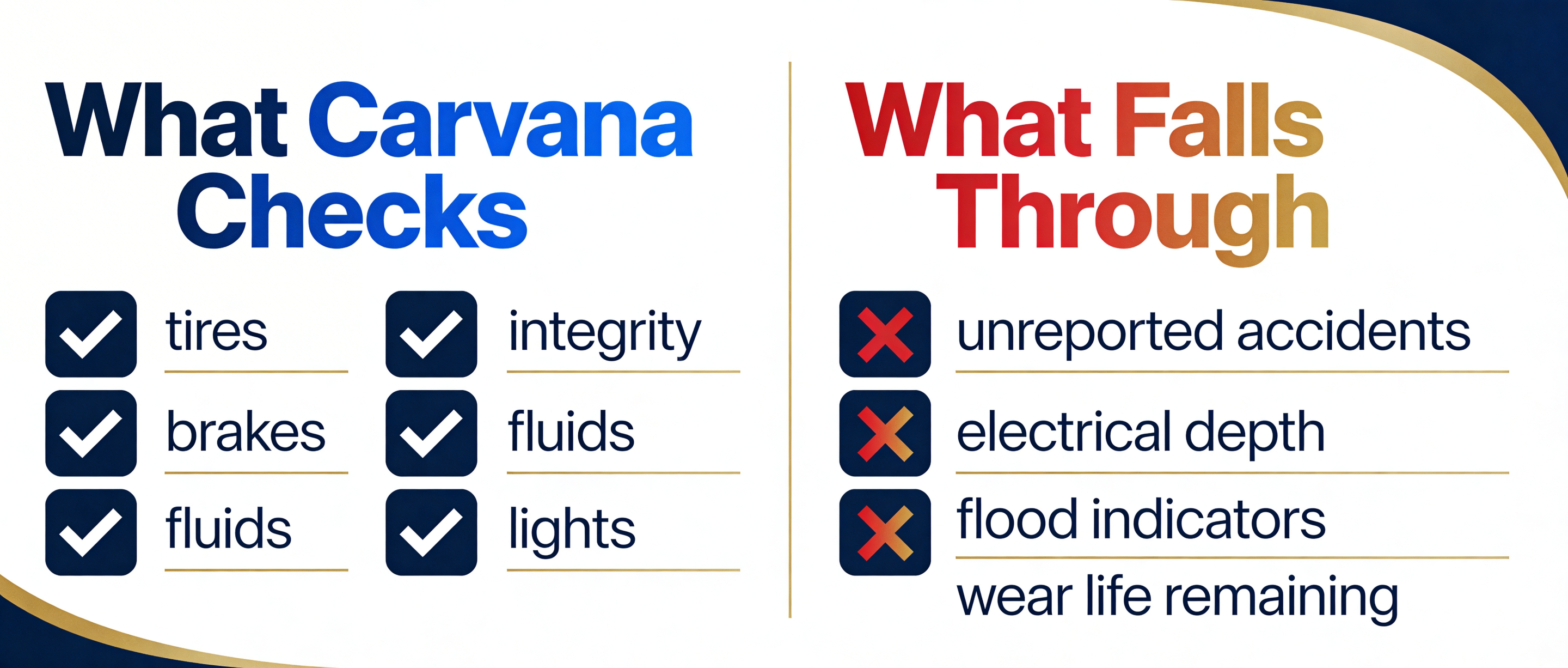  Infographic comparing what Carvana 150 point inspection covers versus documented gaps including unreported accidents and structural integrity