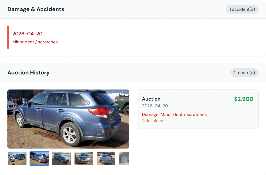 A VinPassed report's auction record showing sale price, damage notes, clean title status, and a gallery of pre-reconditioning auction photos, data Carfax and AutoCheck don't include.